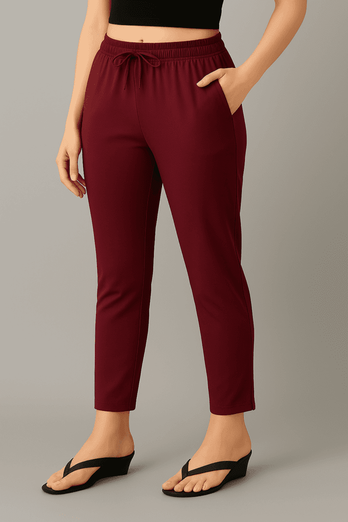 Cotton Maroon Straight Cut Pants