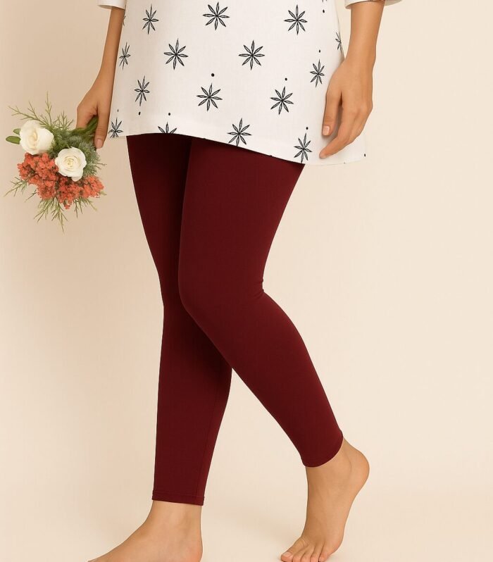 Deep maroon ankle length leggings for women stretch fit front view soft comfortable daily wear clothing
