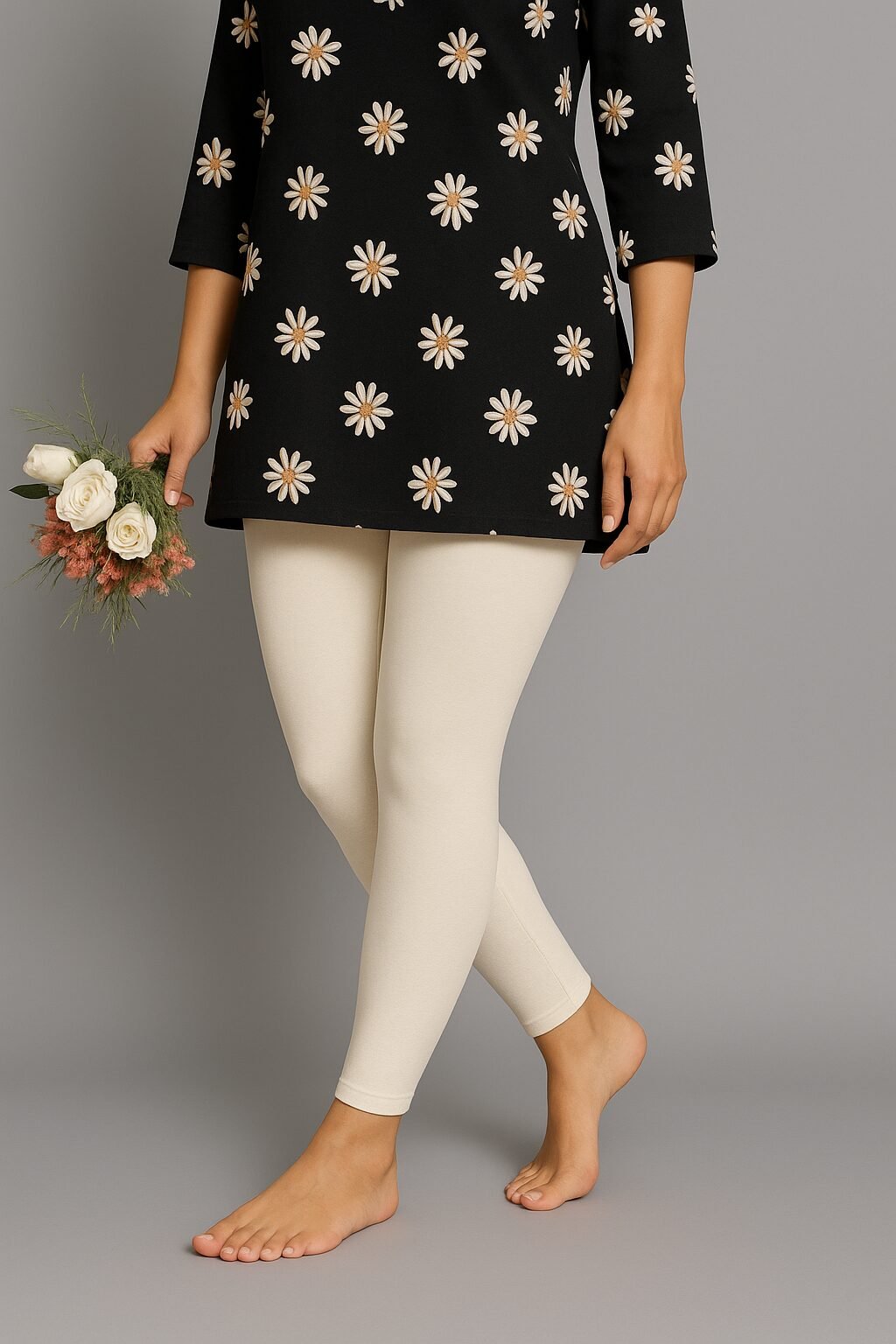 Cream ankle length leggings for women made from soft stretchable cotton fabric for comfortable daily wear