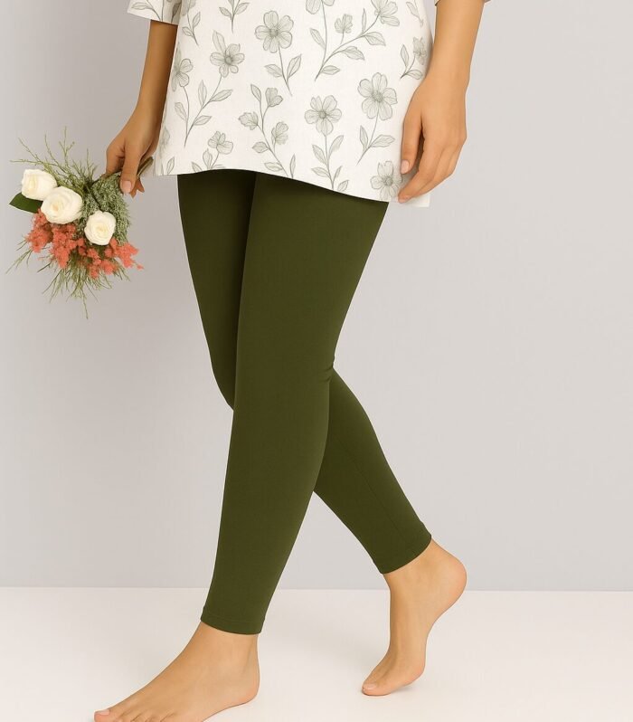 Olive green ankle length leggings for women made from soft stretchable cotton fabric for comfortable daily wear