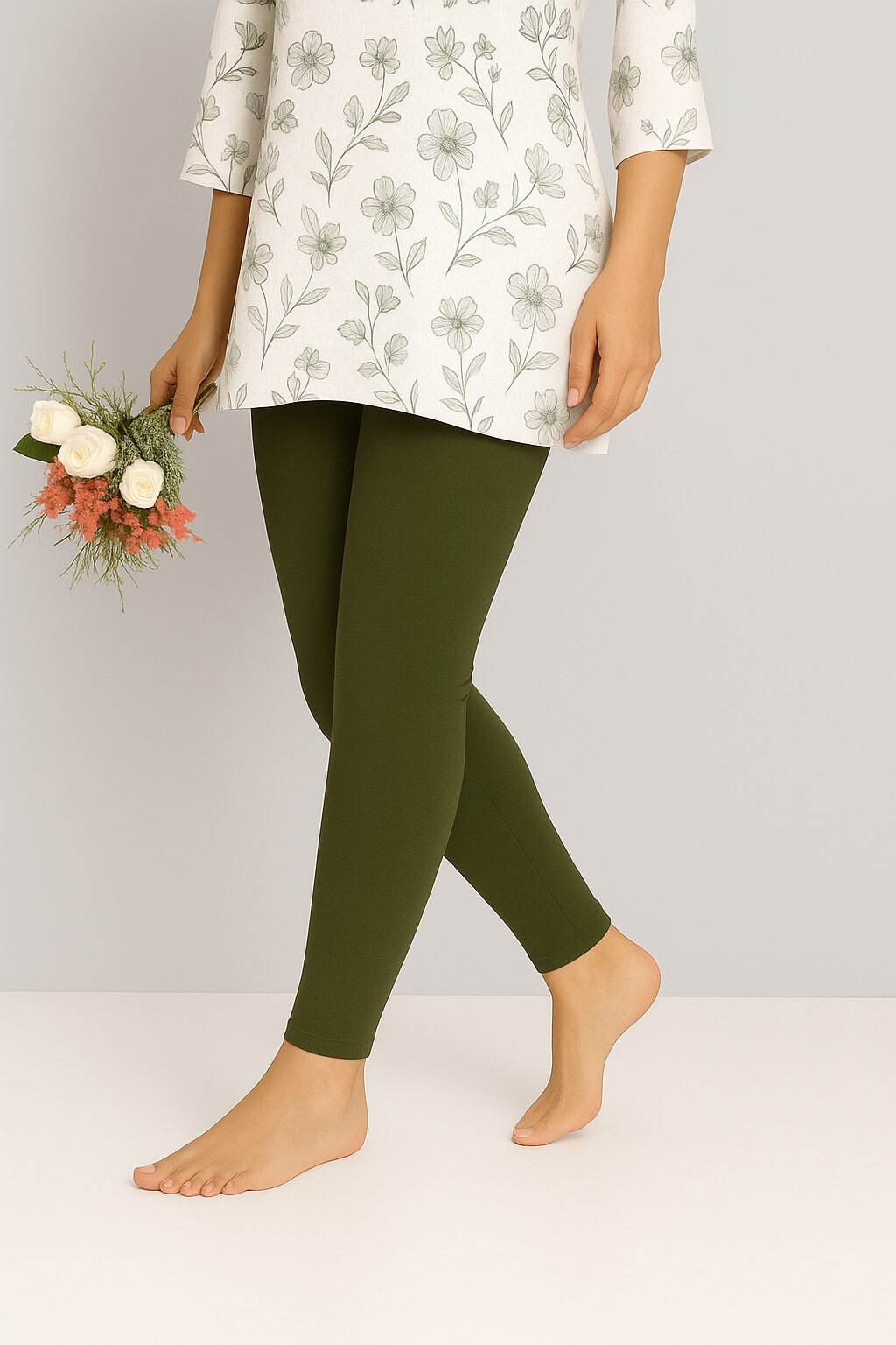 Olive green ankle length leggings for women made from soft stretchable cotton fabric for comfortable daily wear
