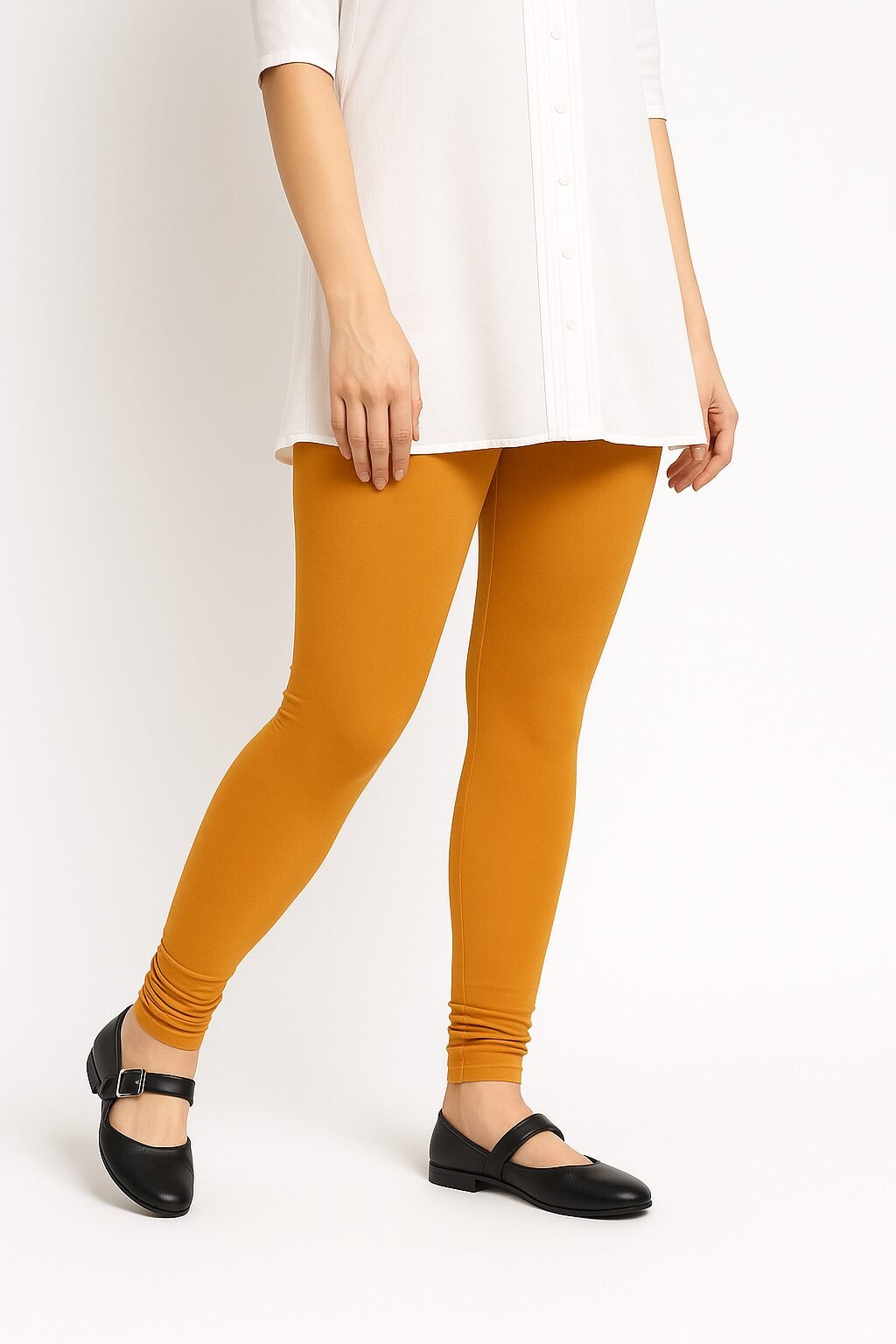 Mustard yellow ankle length leggings for women made from soft stretchable cotton fabric for comfortable daily wear