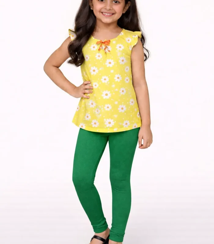 Leaf green cotton leggings for kids soft and stretchable